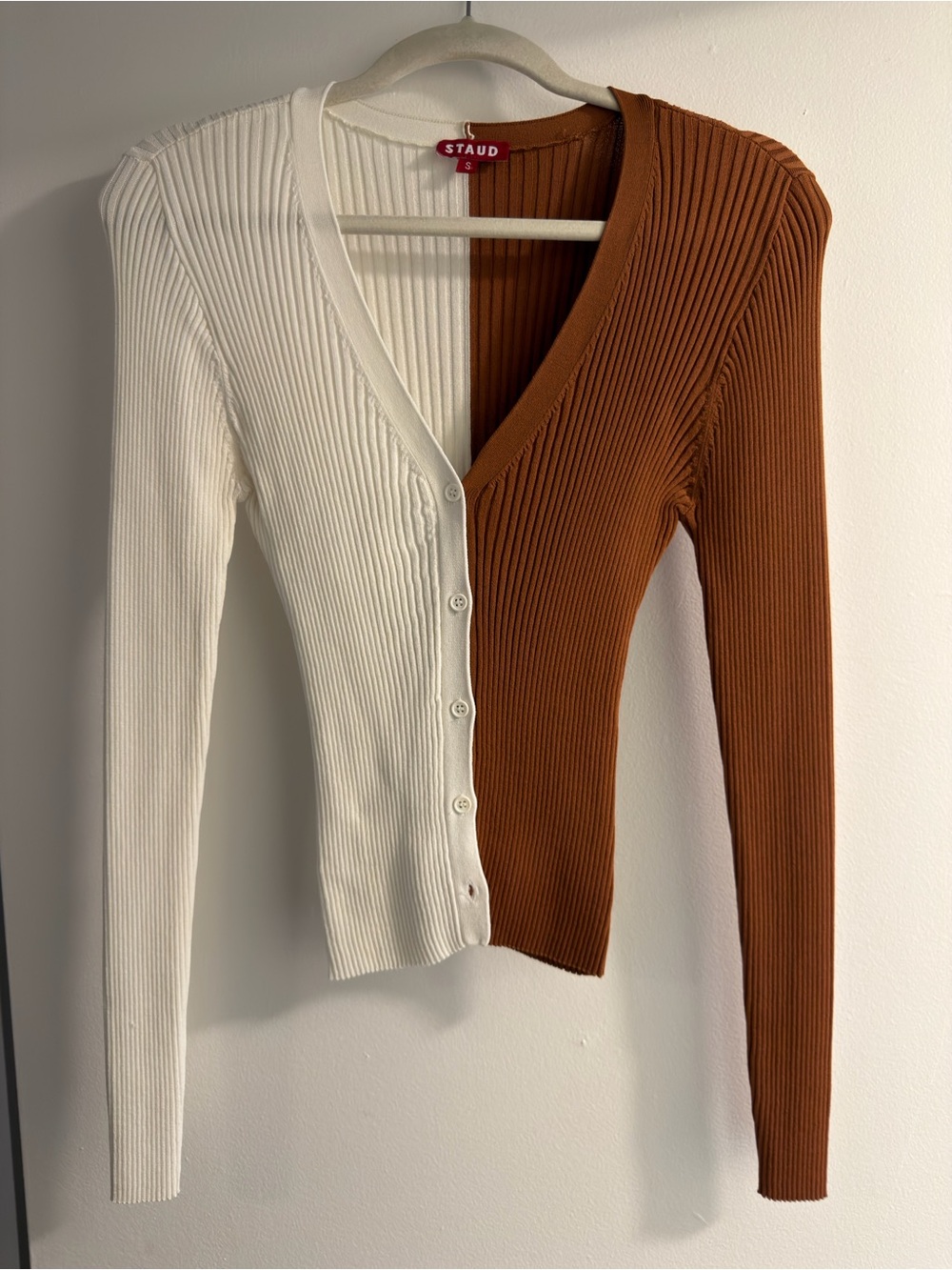 STAUD Two-Tone Ribbed V-Neck Cardigan - Cream & Brown